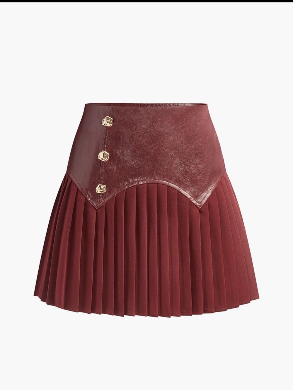Commense Burgundy Pleated Mini Skirt with Faux-Leather Waist